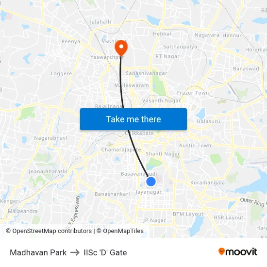 Madhavan Park to IISc 'D' Gate map