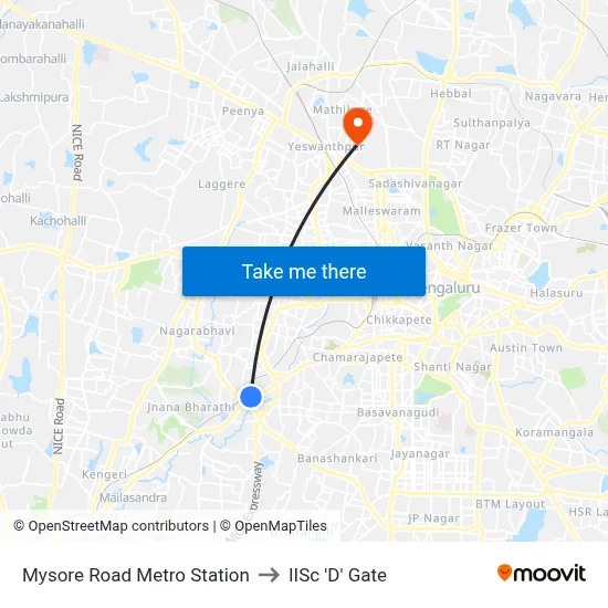 Mysore Road Metro Station to IISc 'D' Gate map