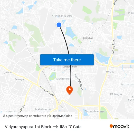 Vidyaranyapura 1st Block to IISc 'D' Gate map