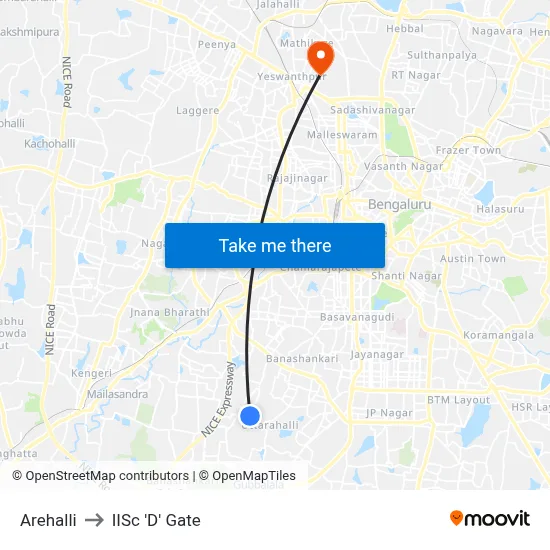 Arehalli to IISc 'D' Gate map