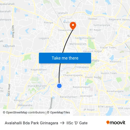 Avalahalli Bda Park Girinagara to IISc 'D' Gate map