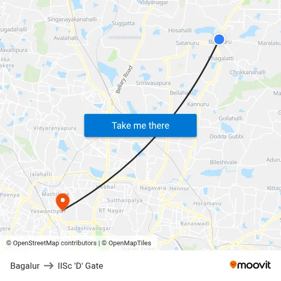 Bagalur to IISc 'D' Gate map