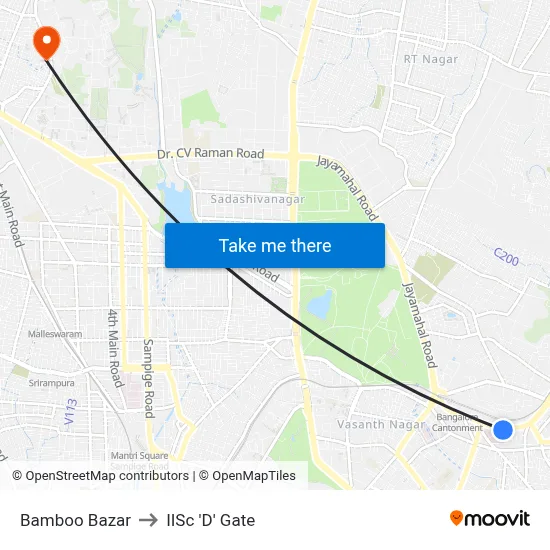 Bamboo Bazar to IISc 'D' Gate map
