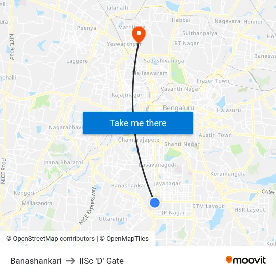 Banashankari to IISc 'D' Gate map