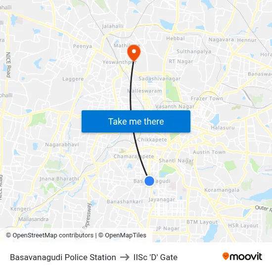 Basavanagudi Police Station to IISc 'D' Gate map