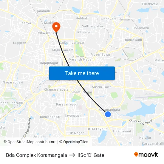 Bda Complex Koramangala to IISc 'D' Gate map