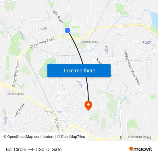 Bel Circle to IISc 'D' Gate map