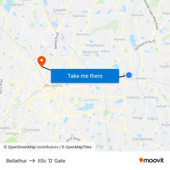 Bellathur to IISc 'D' Gate map
