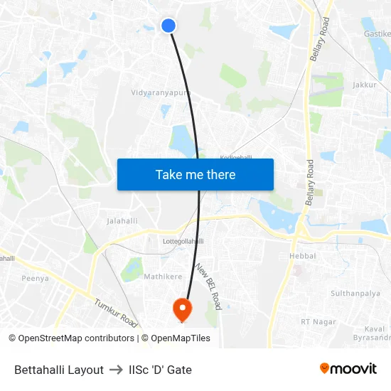 Bettahalli Layout to IISc 'D' Gate map