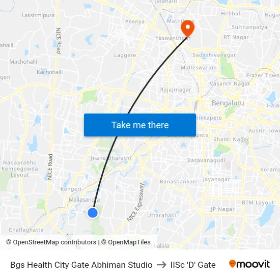 Bgs Health City Gate Abhiman Studio to IISc 'D' Gate map