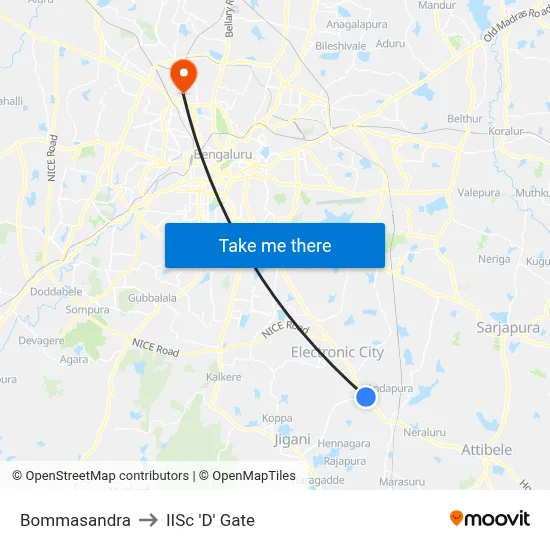 Bommasandra to IISc 'D' Gate map