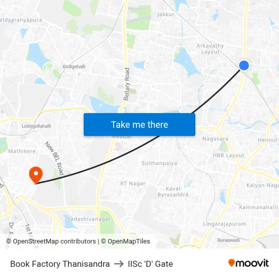 Book Factory Thanisandra to IISc 'D' Gate map