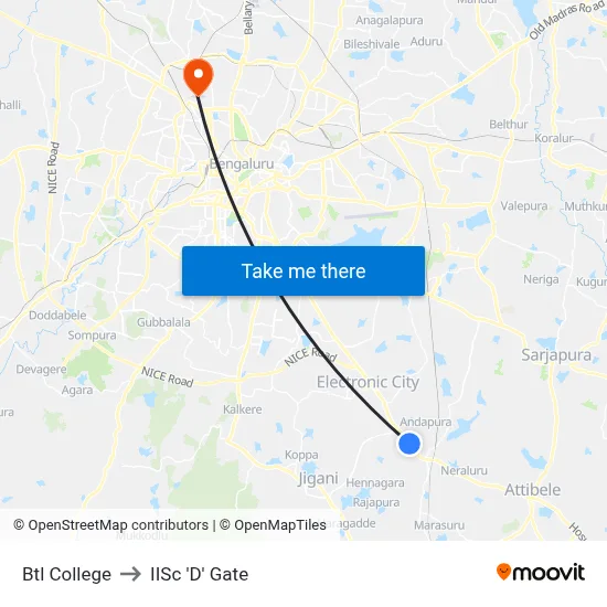 Btl College to IISc 'D' Gate map
