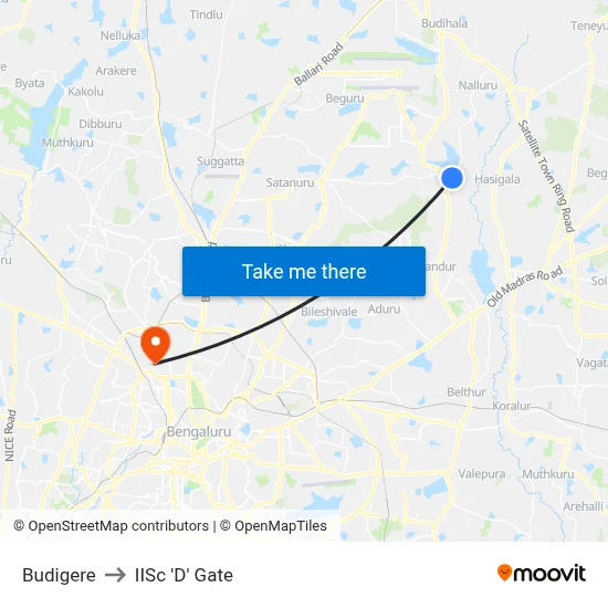 Budigere to IISc 'D' Gate map