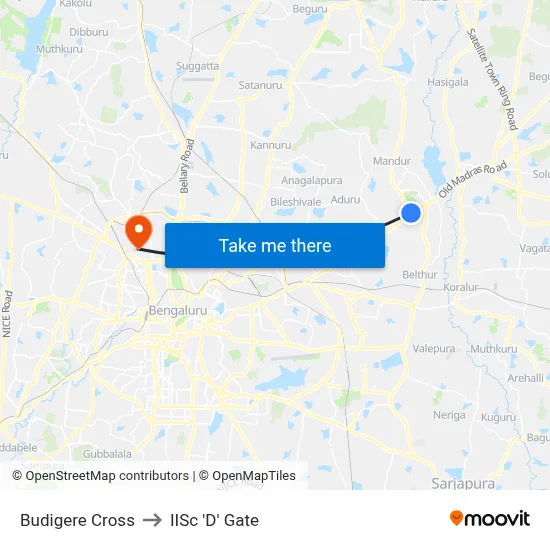 Budigere Cross to IISc 'D' Gate map