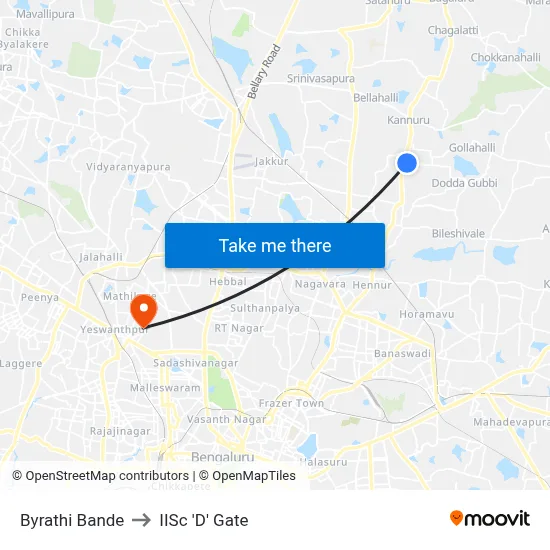 Byrathi Bande to IISc 'D' Gate map