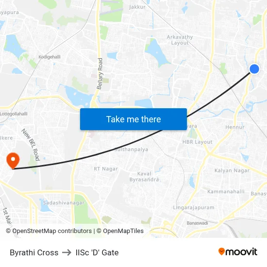 Byrathi Cross to IISc 'D' Gate map