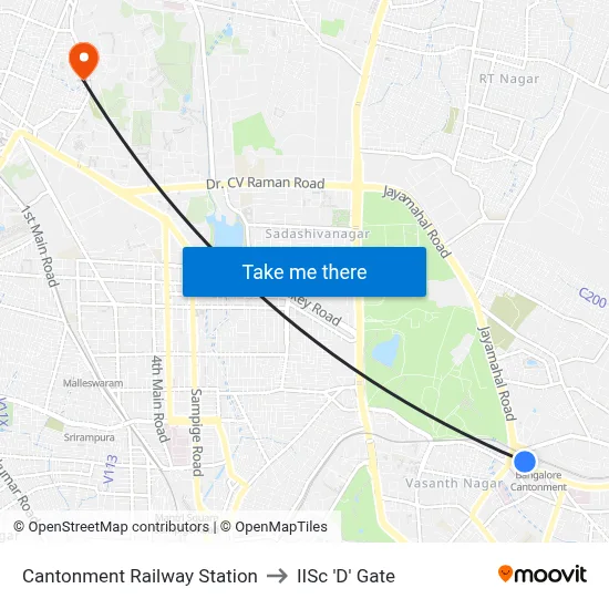 Cantonment Railway Station to IISc 'D' Gate map