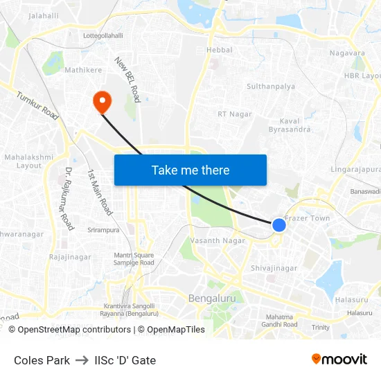 Coles Park to IISc 'D' Gate map