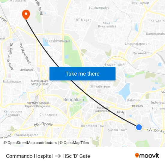 Commando Hospital to IISc 'D' Gate map