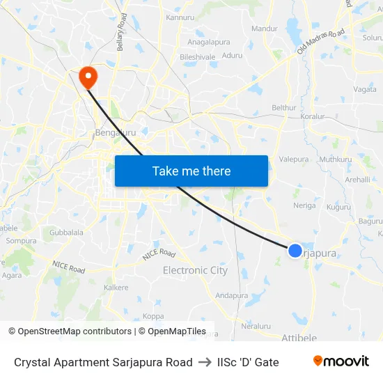 Crystal Apartment Sarjapura Road to IISc 'D' Gate map