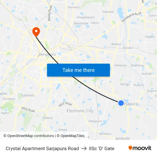 Crystal Apartment Sarjapura Road to IISc 'D' Gate map