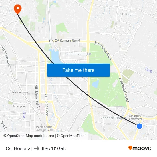 Csi Hospital to IISc 'D' Gate map