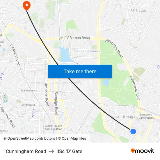 Cunningham Road to IISc 'D' Gate map
