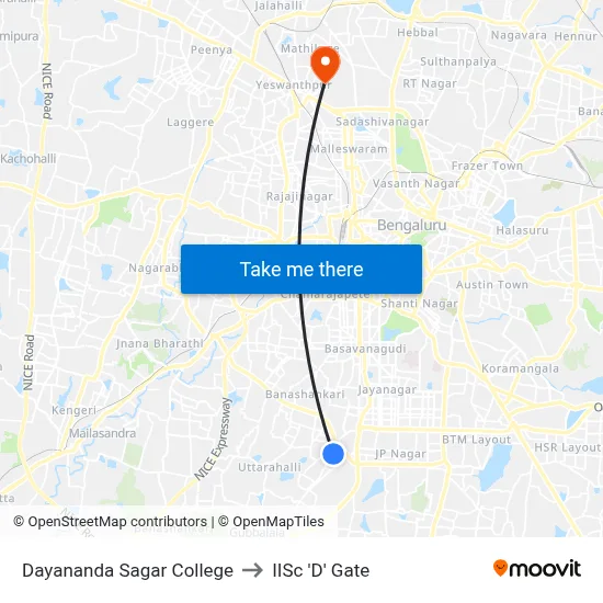 Dayananda Sagar College to IISc 'D' Gate map