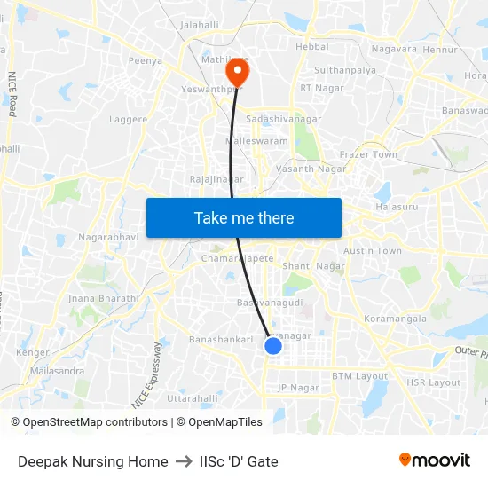 Deepak Nursing Home to IISc 'D' Gate map