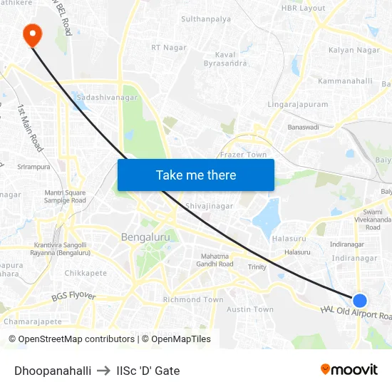 Dhoopanahalli to IISc 'D' Gate map