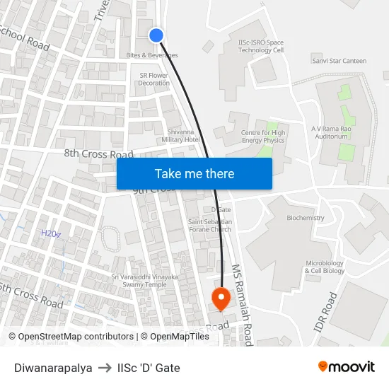 Diwanarapalya to IISc 'D' Gate map