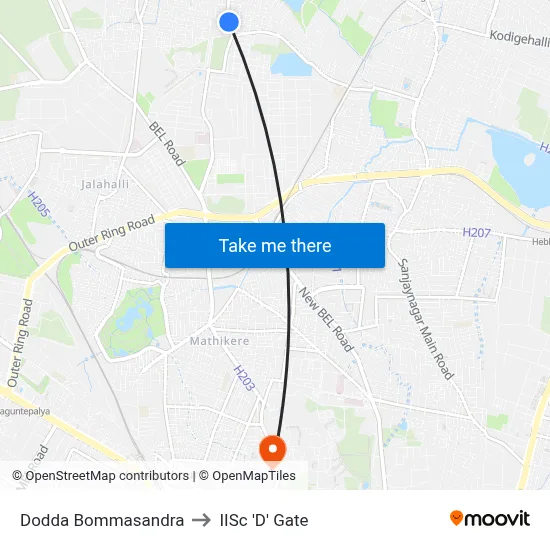 Dodda Bommasandra to IISc 'D' Gate map