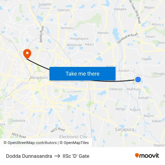 Dodda Dunnasandra to IISc 'D' Gate map
