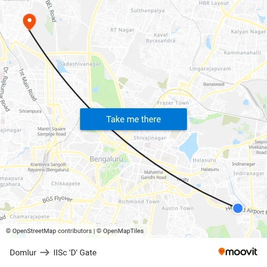 Domlur to IISc 'D' Gate map