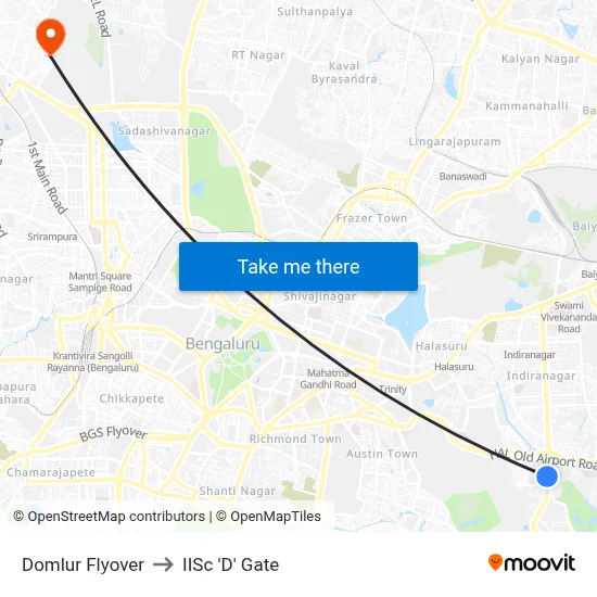 Domlur Flyover to IISc 'D' Gate map