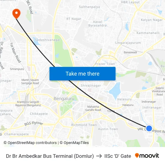 Dr Br Ambedkar Bus Terminal (Domlur) to IISc 'D' Gate map