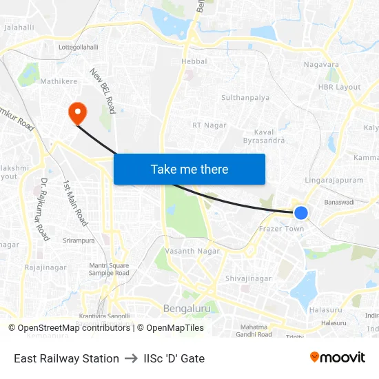 East Railway Station to IISc 'D' Gate map