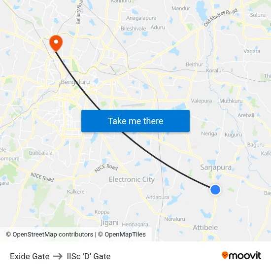 Exide Gate to IISc 'D' Gate map