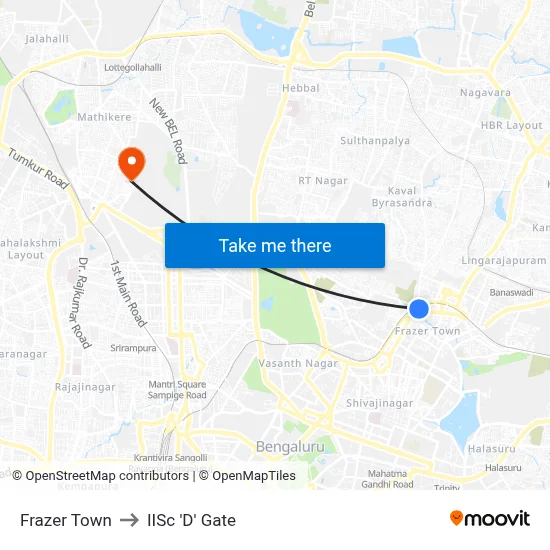 Frazer Town to IISc 'D' Gate map