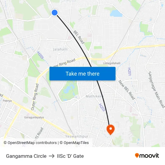 Gangamma Circle to IISc 'D' Gate map