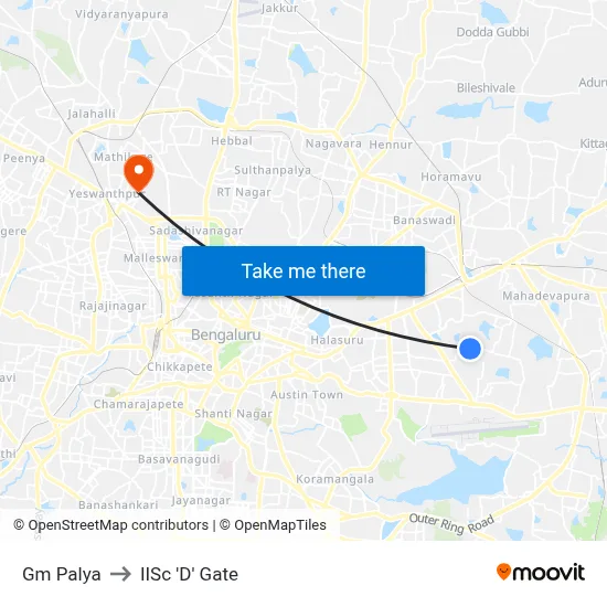Gm Palya to IISc 'D' Gate map