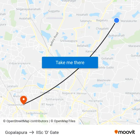Gopalapura to IISc 'D' Gate map