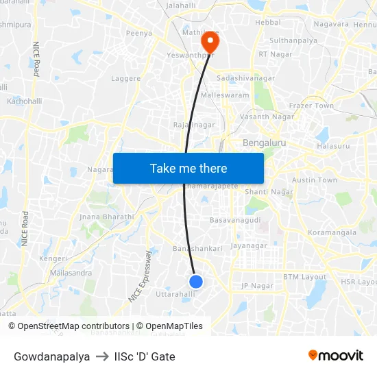 Gowdanapalya to IISc 'D' Gate map