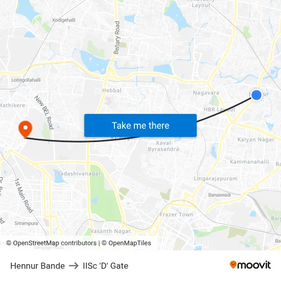 Hennur Bande to IISc 'D' Gate map