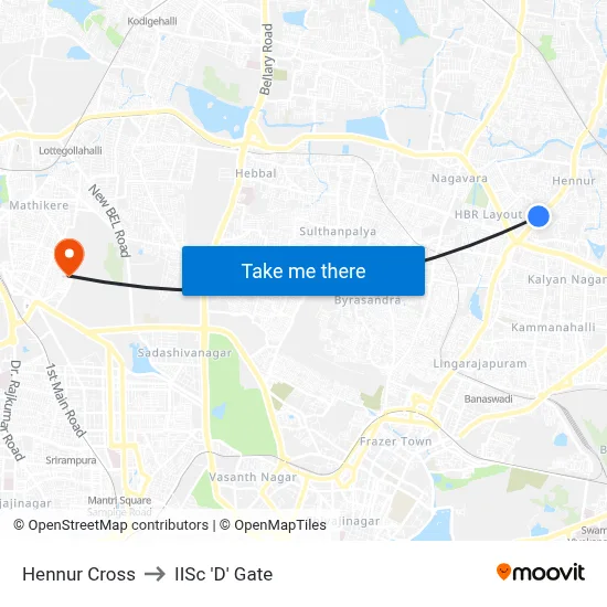 Hennur Cross to IISc 'D' Gate map