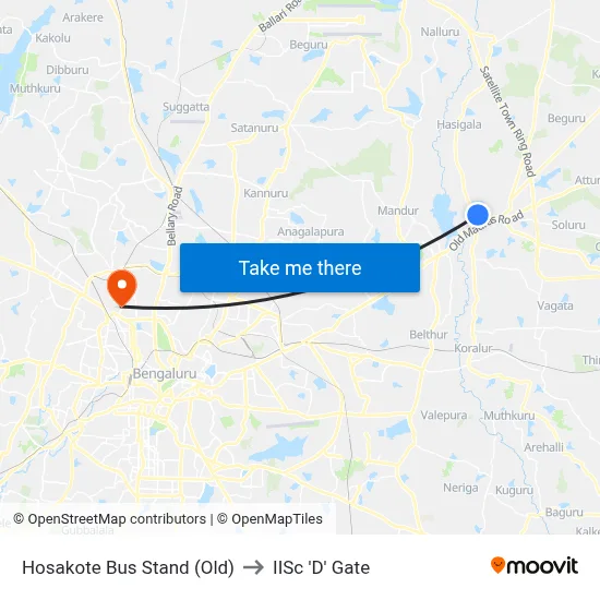Hosakote Bus Stand (Old) to IISc 'D' Gate map
