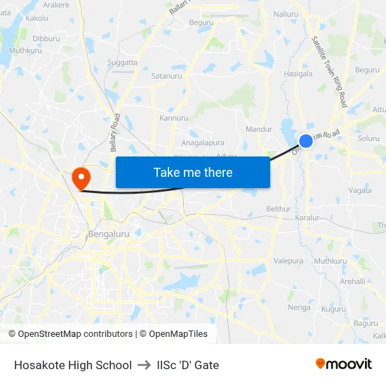 Hosakote High School to IISc 'D' Gate map