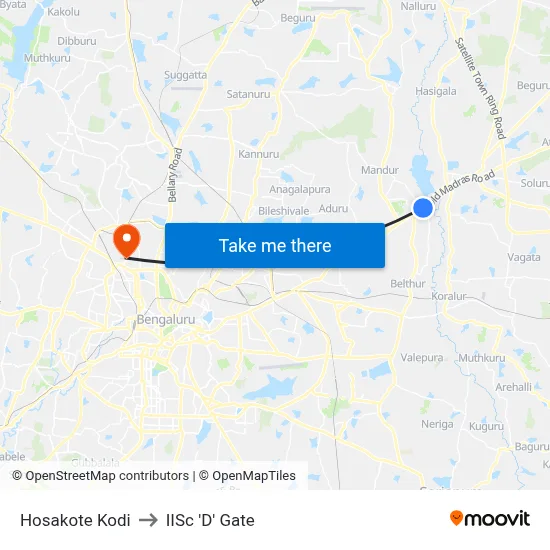 Hosakote Kodi to IISc 'D' Gate map