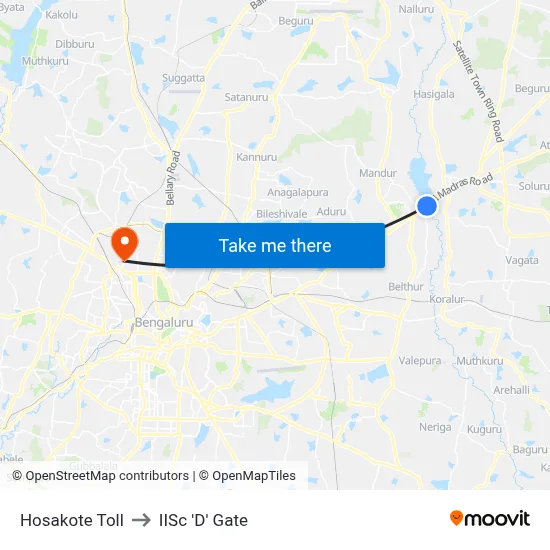 Hosakote Toll to IISc 'D' Gate map